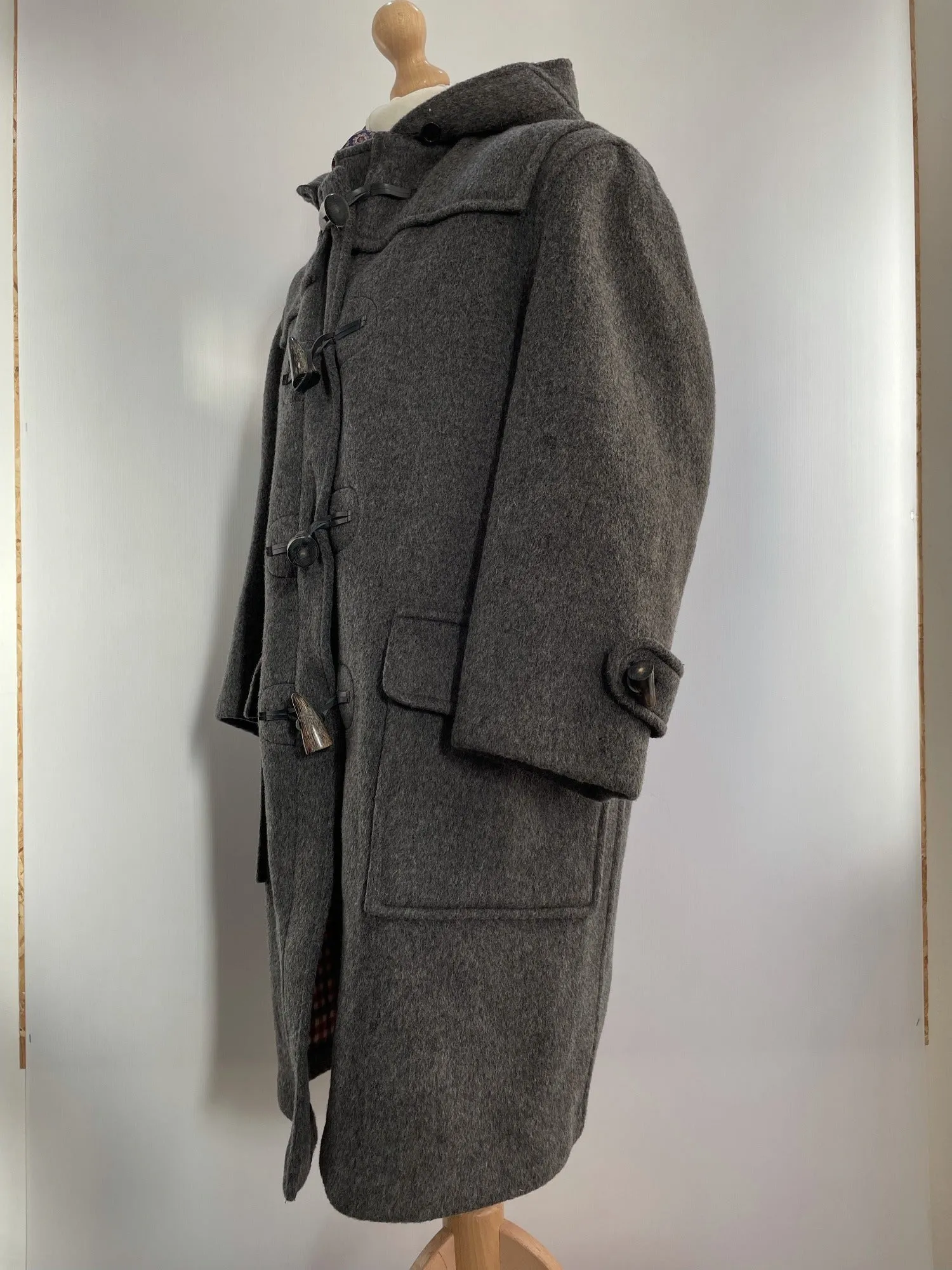 Mens Aquascutum Grey Wool Hooded Duffle Coat - Size Large