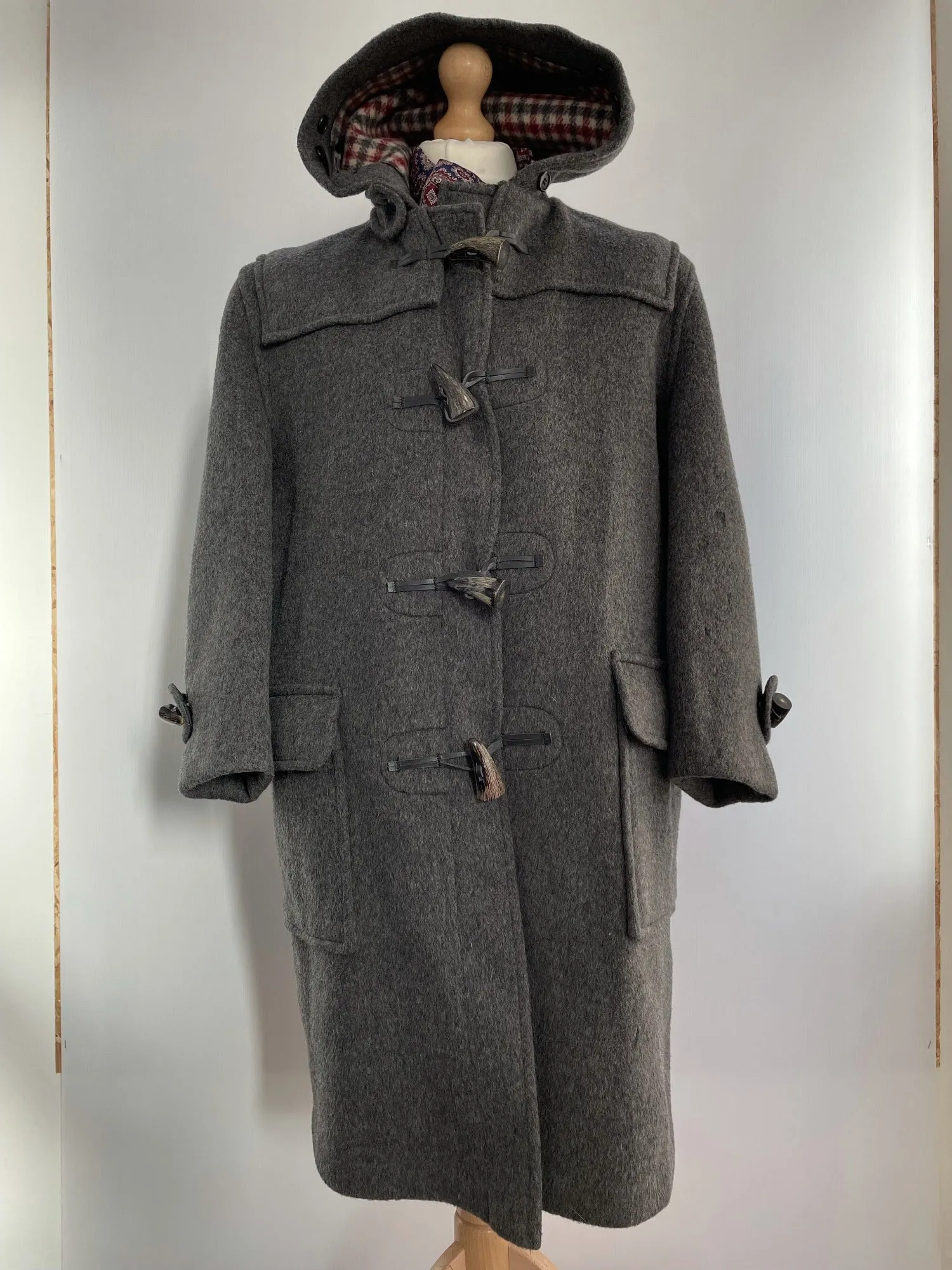 Mens Aquascutum Grey Wool Hooded Duffle Coat - Size Large