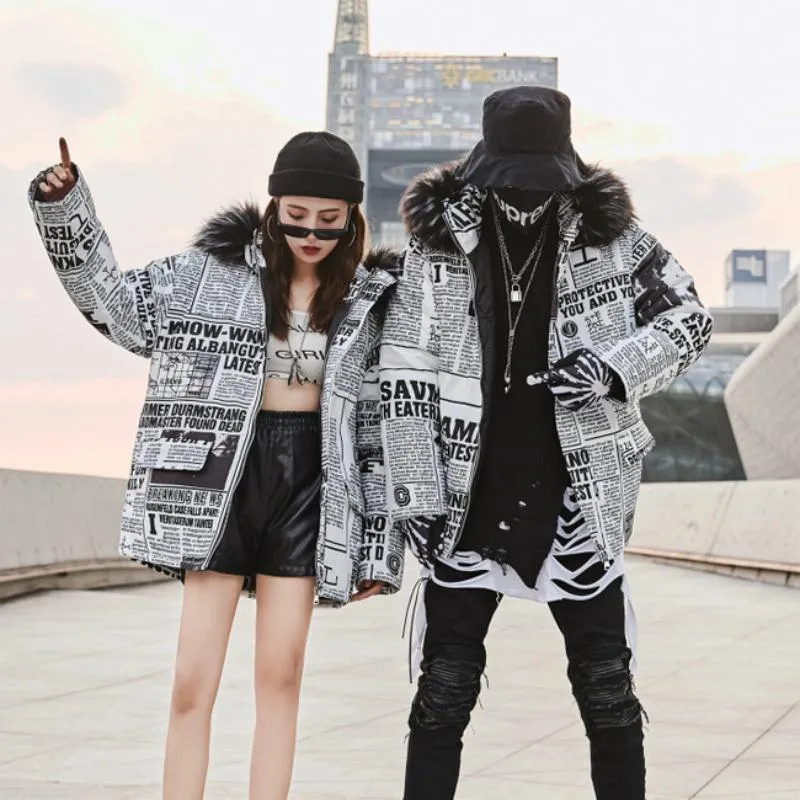 Men's/Women's Winter Casual Thick Parka With Newspaper Print