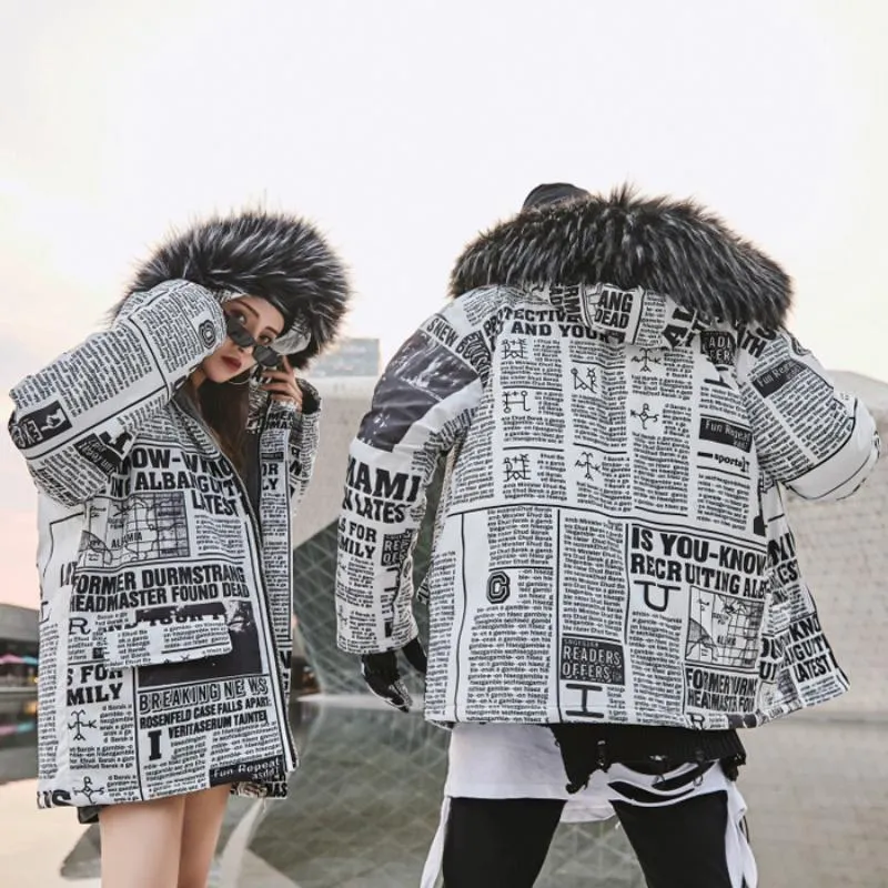 Men's/Women's Winter Casual Thick Parka With Newspaper Print