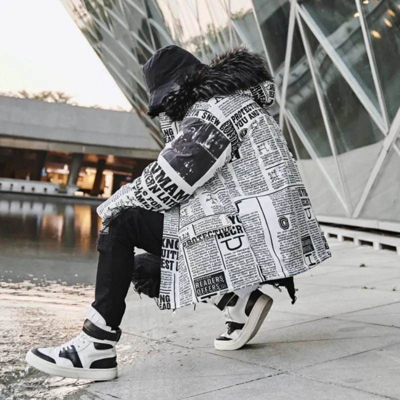 Men's/Women's Winter Casual Thick Parka With Newspaper Print