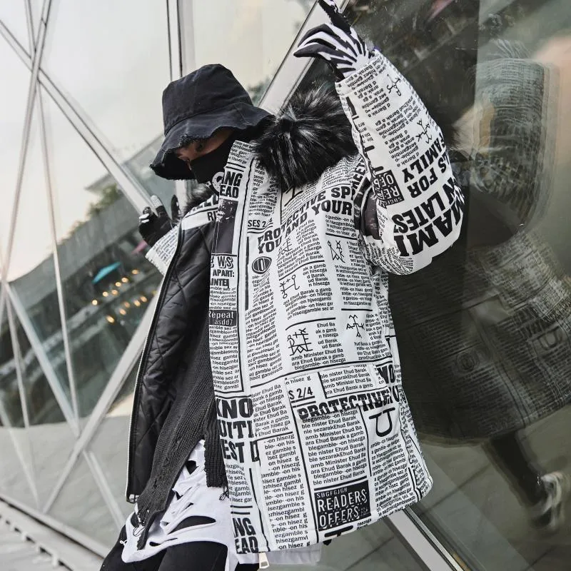 Men's/Women's Winter Casual Thick Parka With Newspaper Print