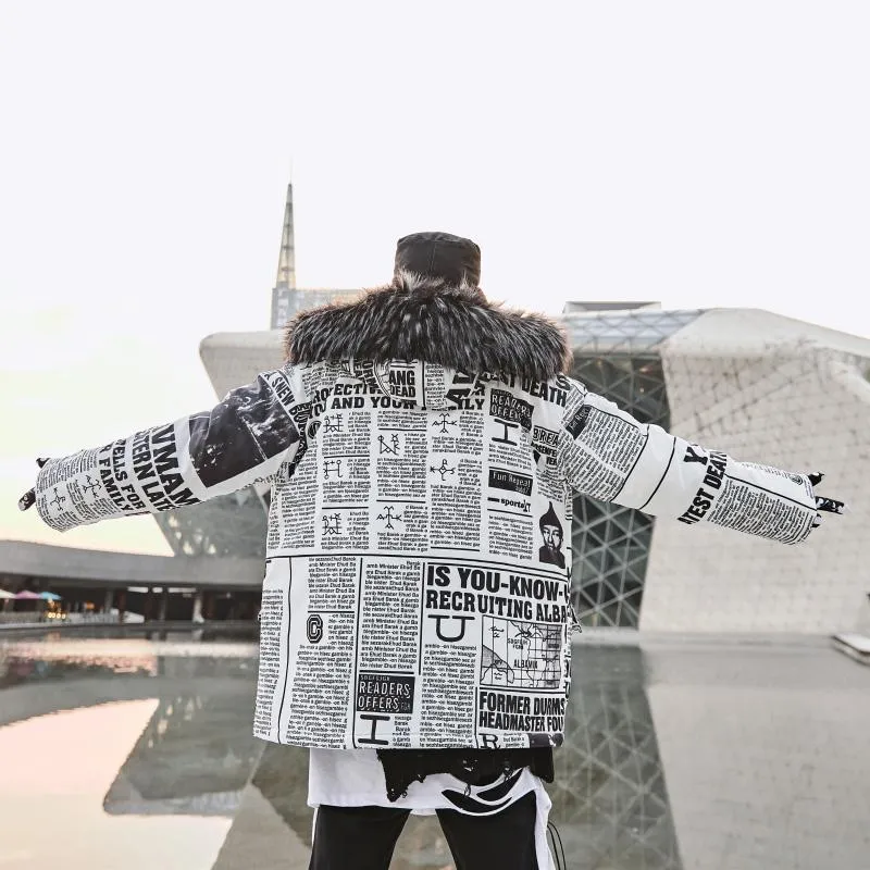Men's/Women's Winter Casual Thick Parka With Newspaper Print