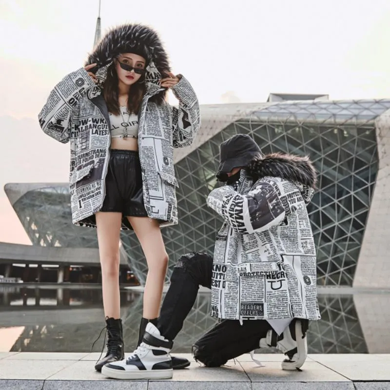 Men's/Women's Winter Casual Thick Parka With Newspaper Print