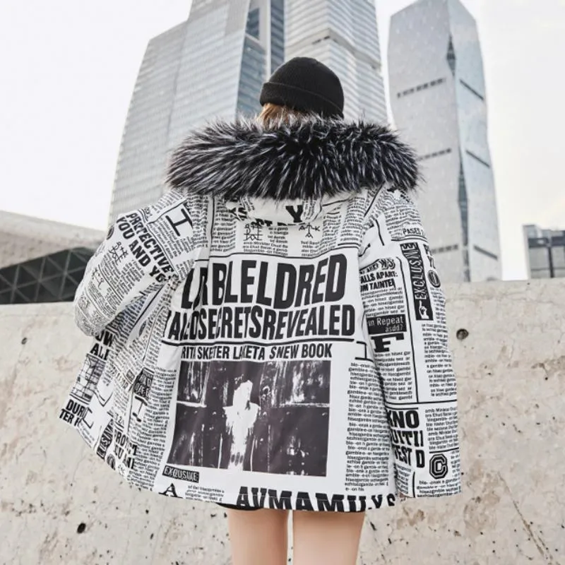 Men's/Women's Winter Casual Thick Parka With Newspaper Print
