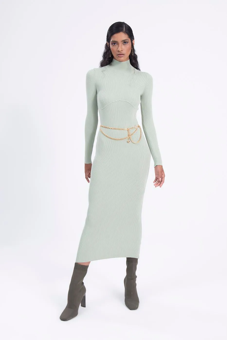 Mint Stand Collar Knitted Pencil Dress