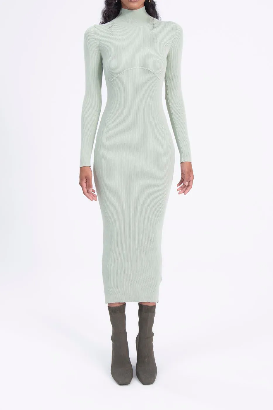 Mint Stand Collar Knitted Pencil Dress