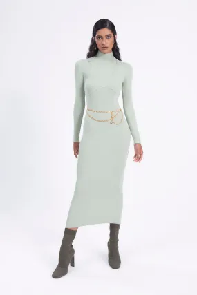 Mint Stand Collar Knitted Pencil Dress