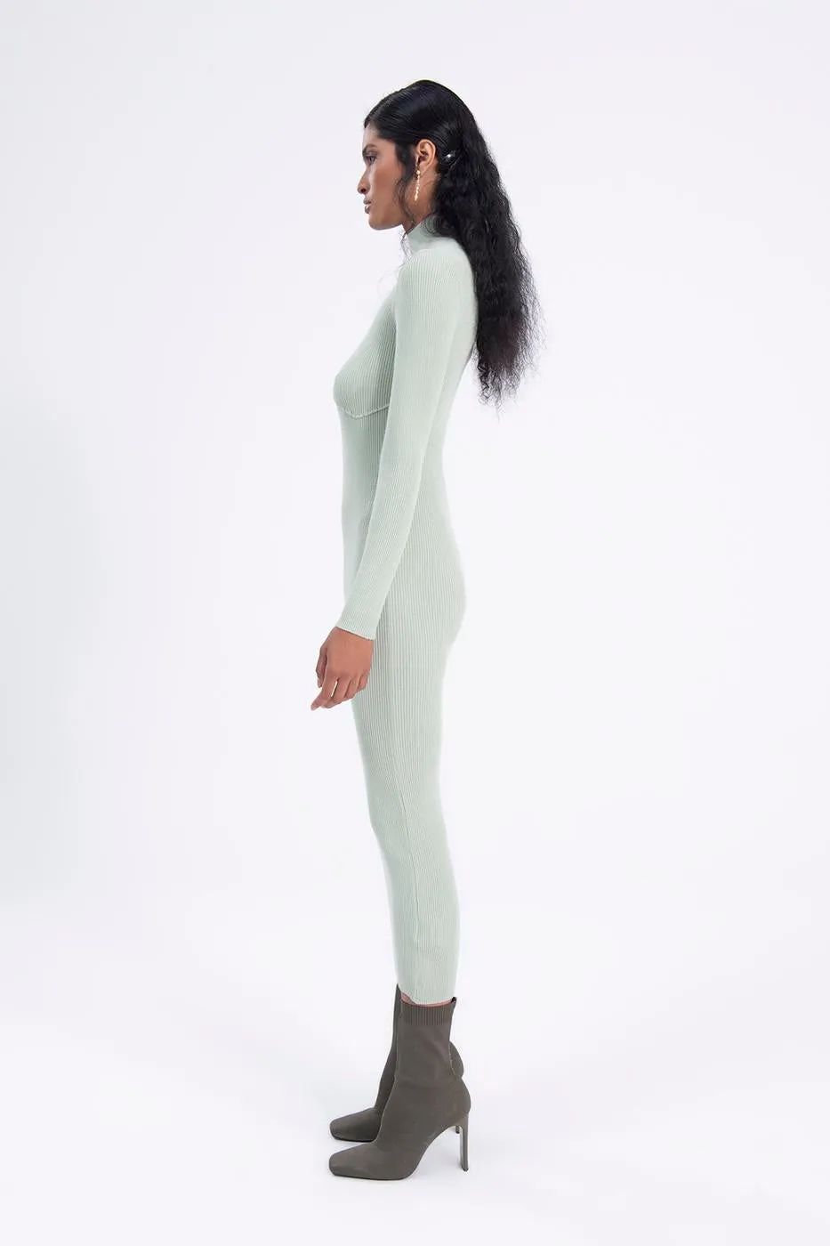 Mint Stand Collar Knitted Pencil Dress