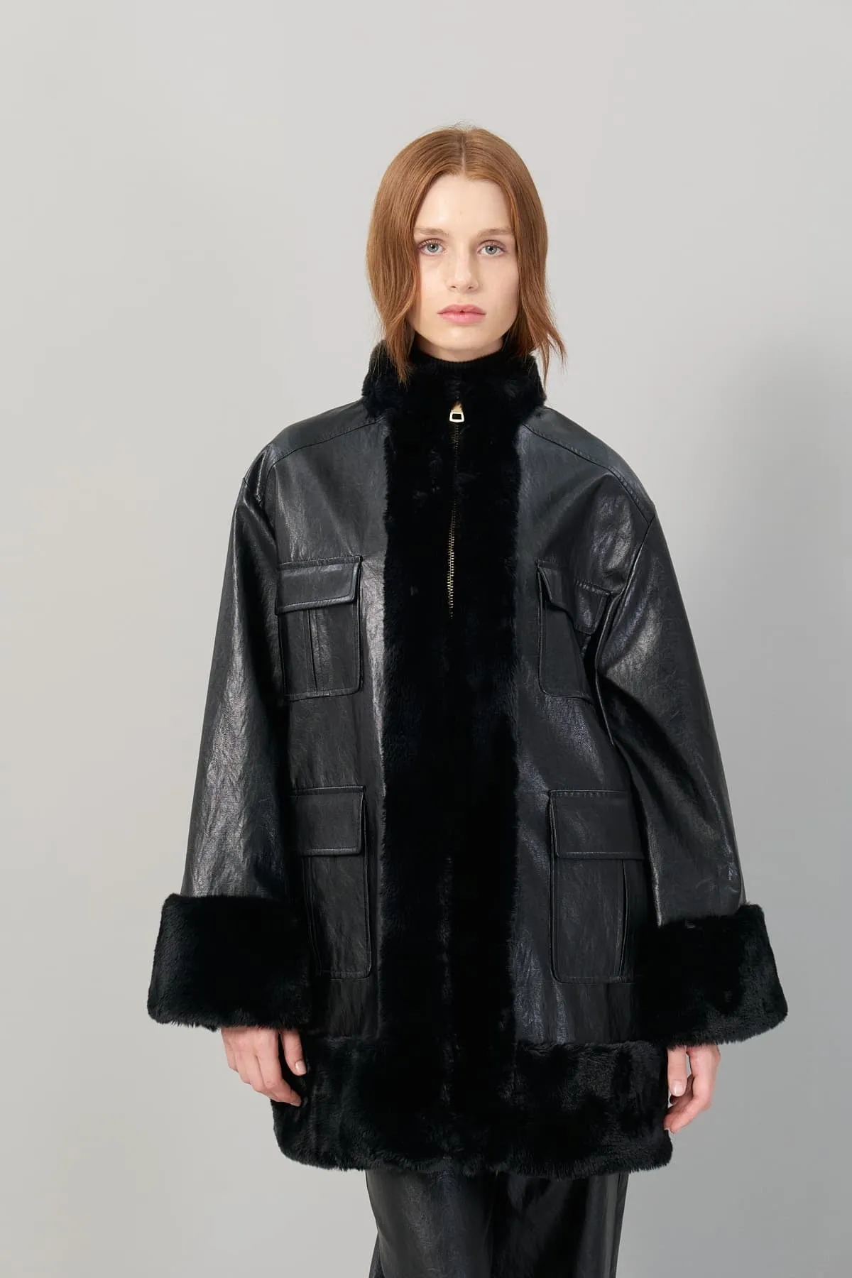 Plush Leather Coat Black with Zipper Closure
