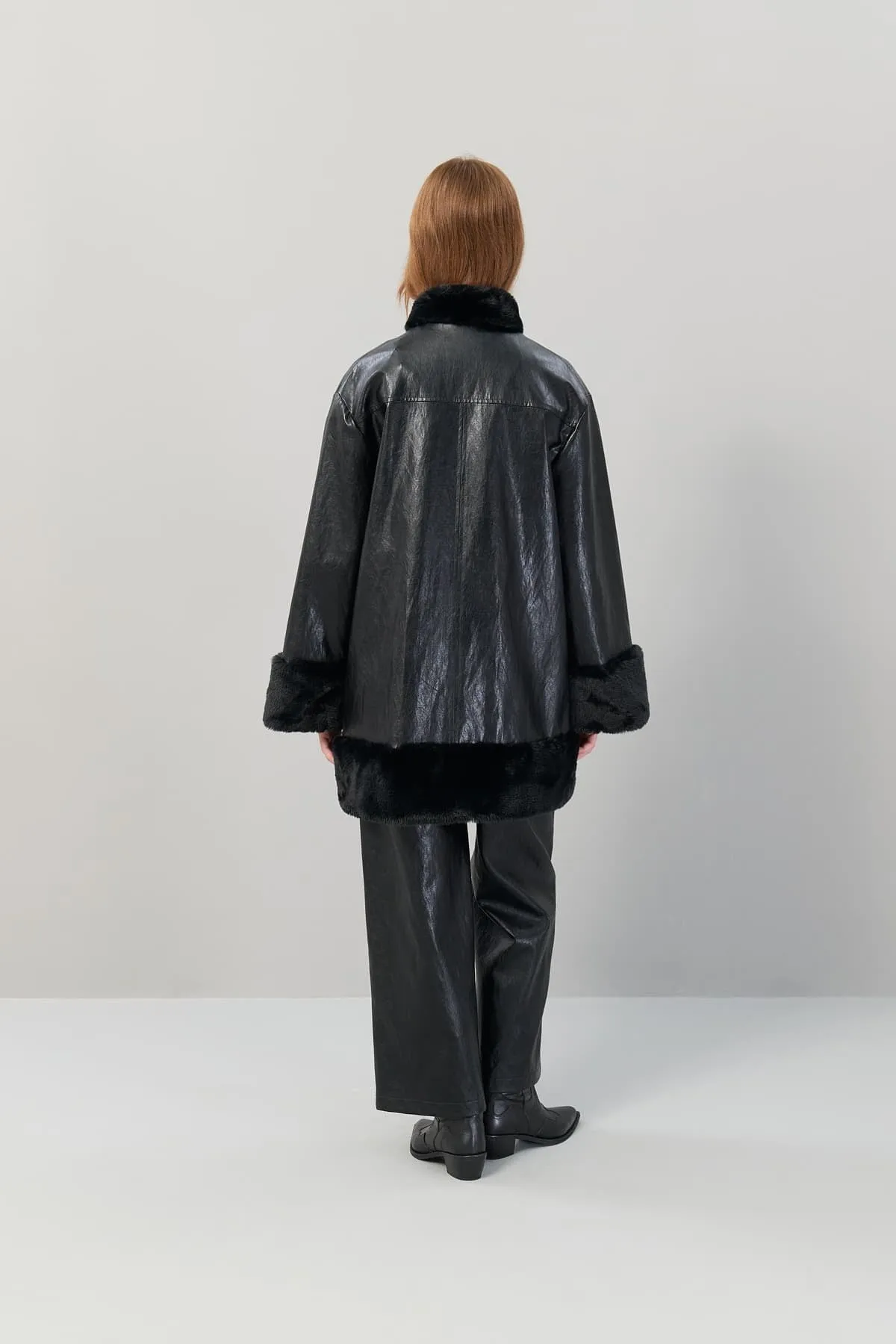 Plush Leather Coat Black with Zipper Closure