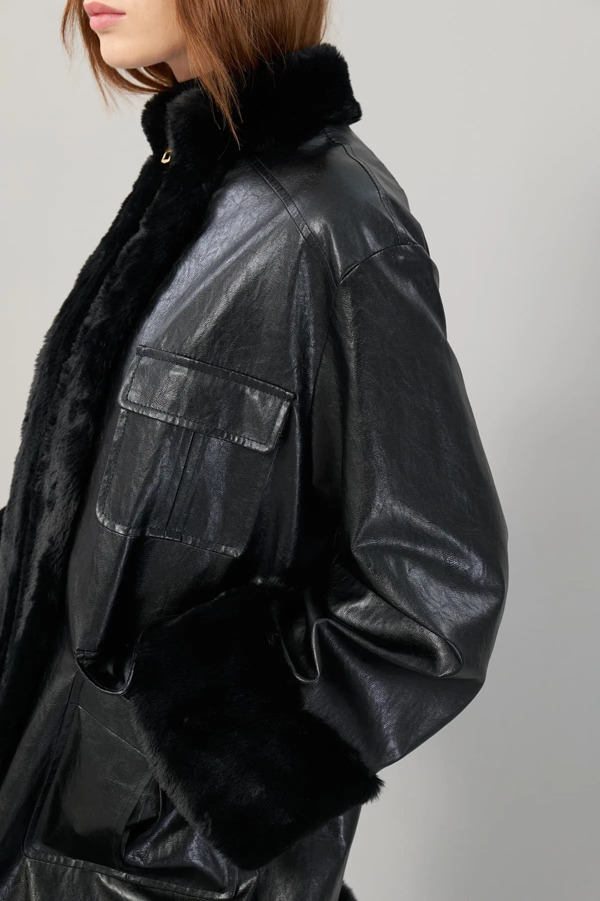 Plush Leather Coat Black with Zipper Closure