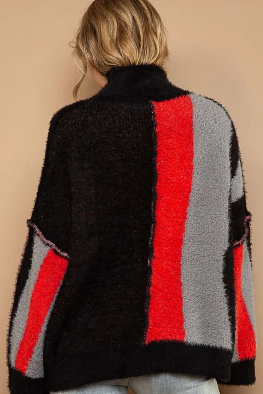 POL Boho Turtleneck Color Block Fringe Detail Sweater