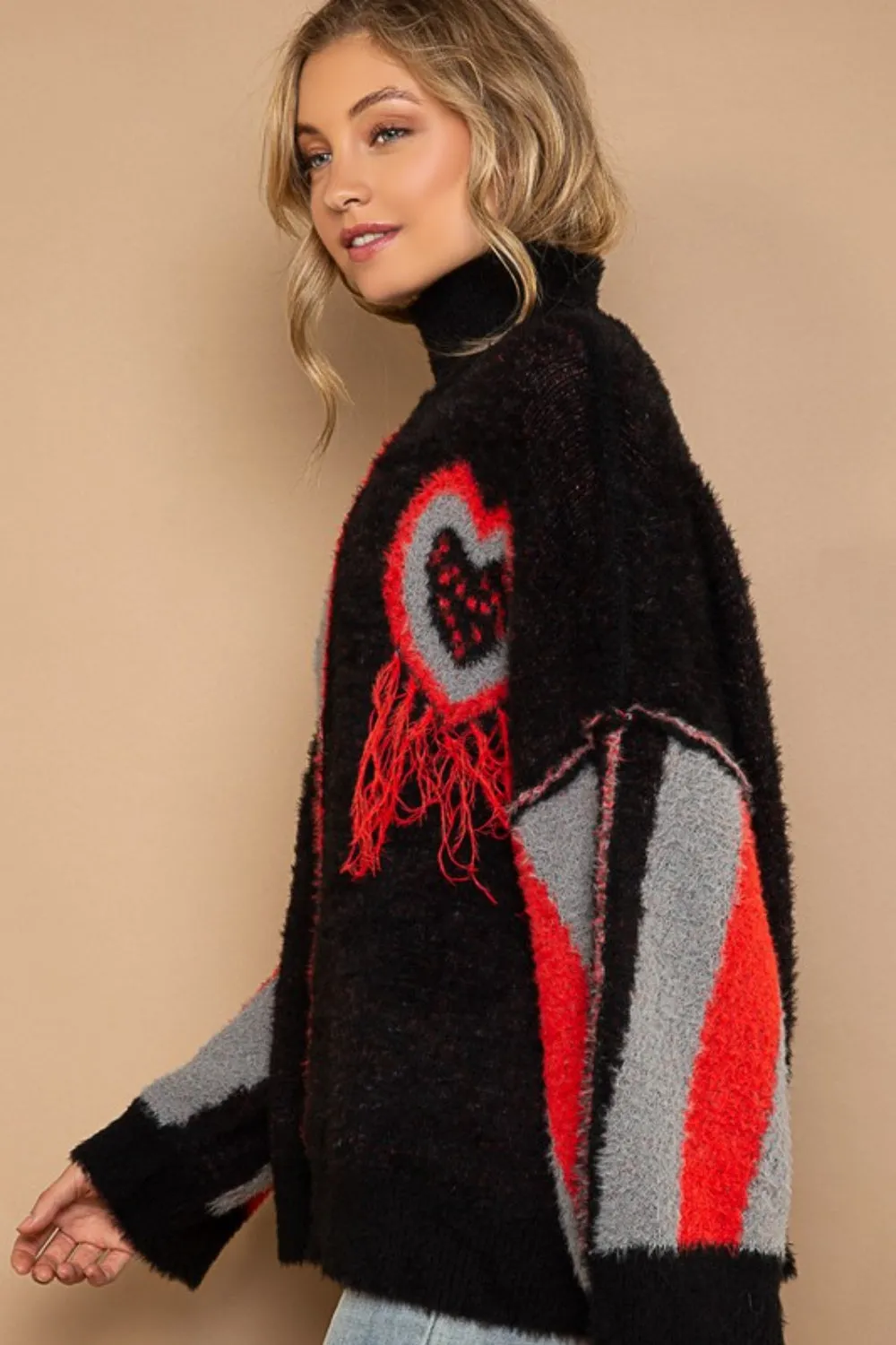POL Boho Turtleneck Color Block Fringe Detail Sweater