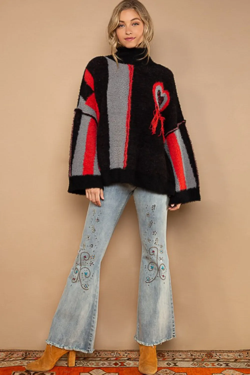 POL Boho Turtleneck Color Block Fringe Detail Sweater