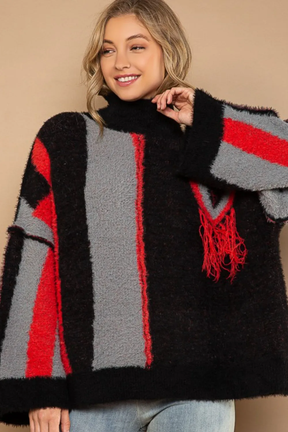POL Boho Turtleneck Color Block Fringe Detail Sweater