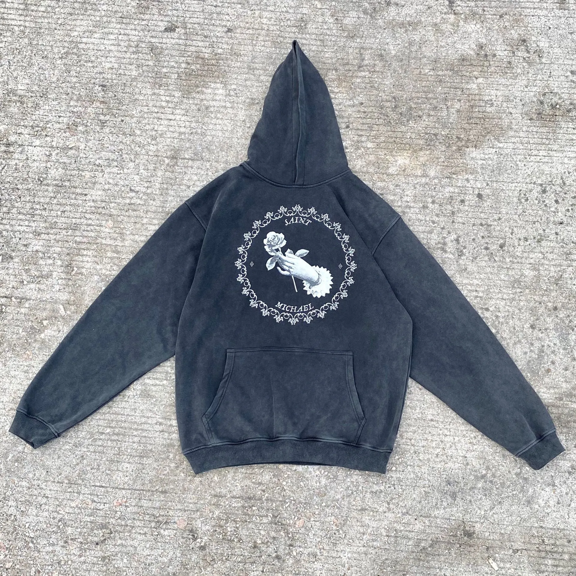 Saint Michael Hoodie Heavy Hooded Sweater Rose Pattern Fog Vintage Distressed