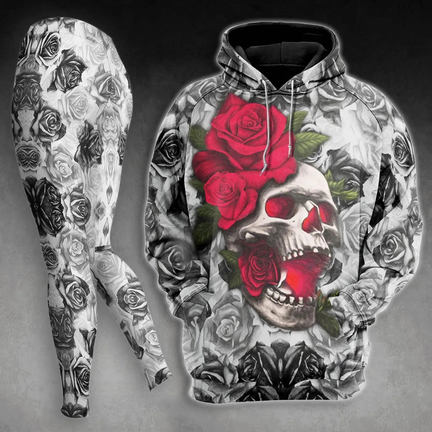Skull Rose Pattern Gothic Combo Hoodie and Leggings