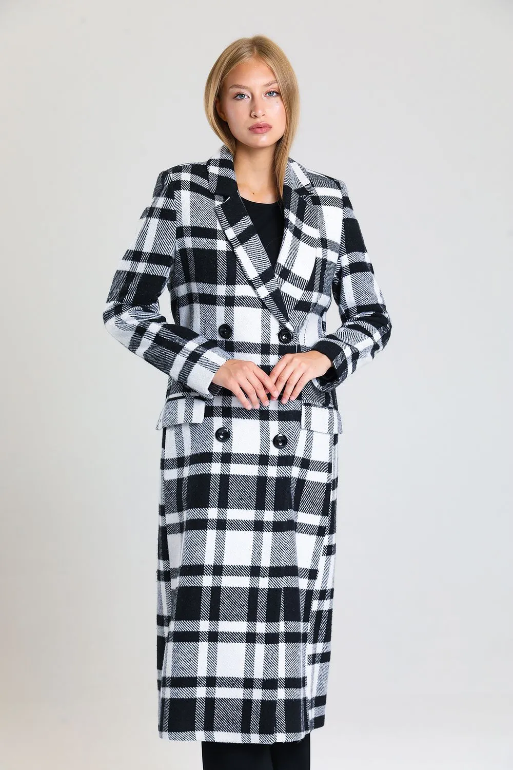SNS Sense Black and White Plaid Lined Woolen Long Coat - Polatsk