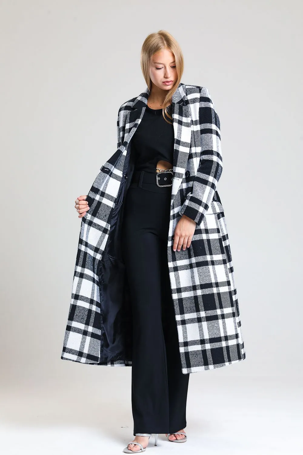 SNS Sense Black and White Plaid Lined Woolen Long Coat - Polatsk