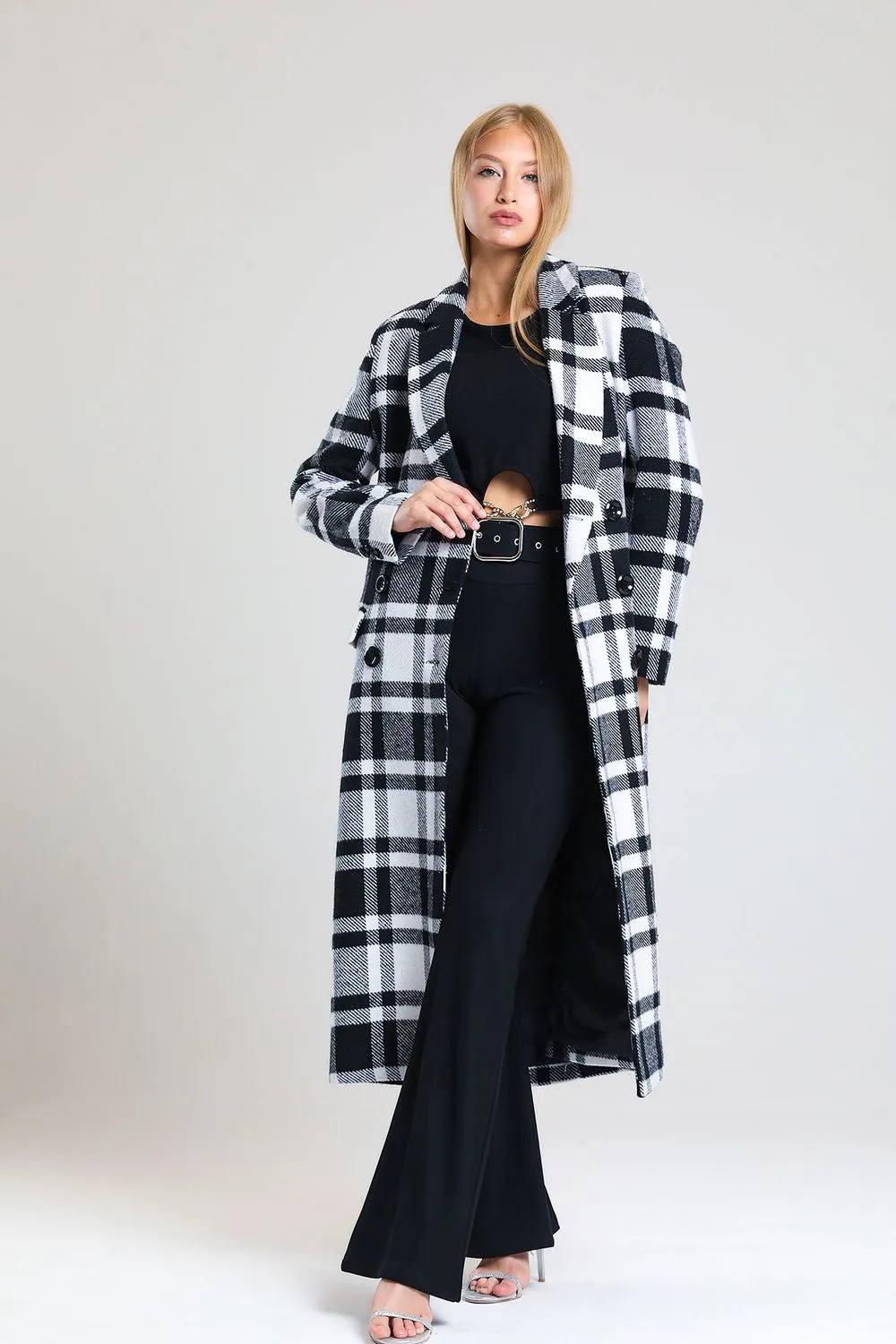 SNS Sense Black and White Plaid Lined Woolen Long Coat - Polatsk