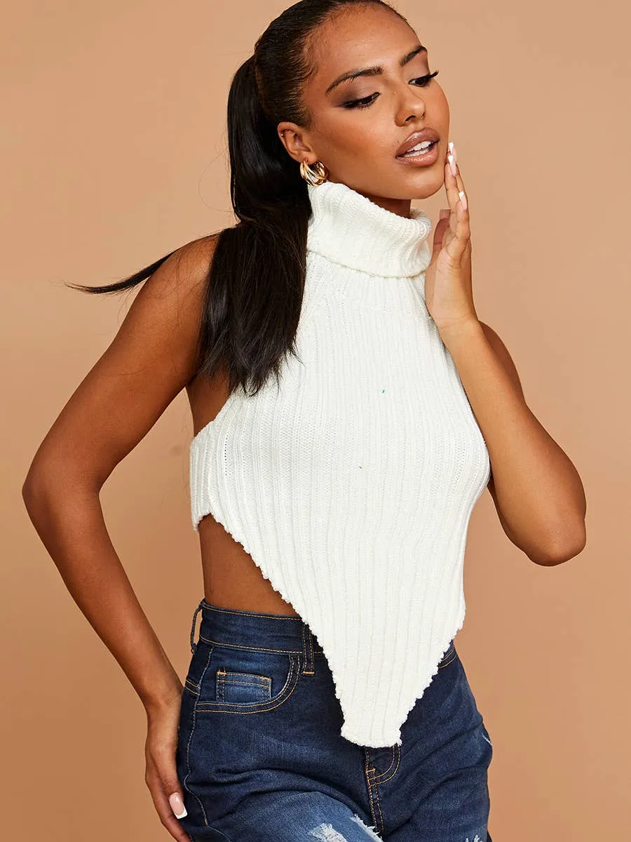 Trendsetter Asymmetric Hem High Neck Crop Top