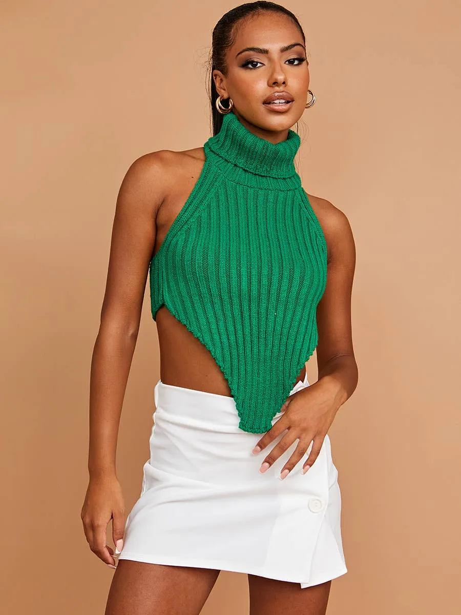 Trendsetter Asymmetric Hem High Neck Crop Top