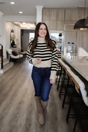 Truly Charming Striped Turtleneck Sweater - Taupe/Black