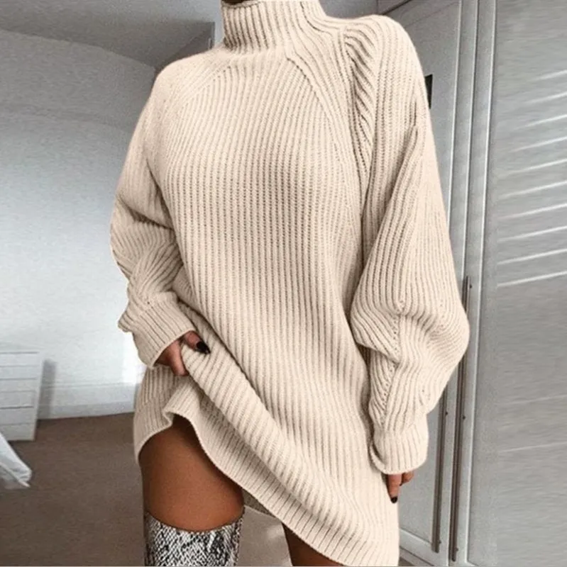 Turtleneck Long Sleeve Sweater Dress Women Autumn Winter Loose Tunic Knitted Casual Pink Gray Clothes Solid Dresses