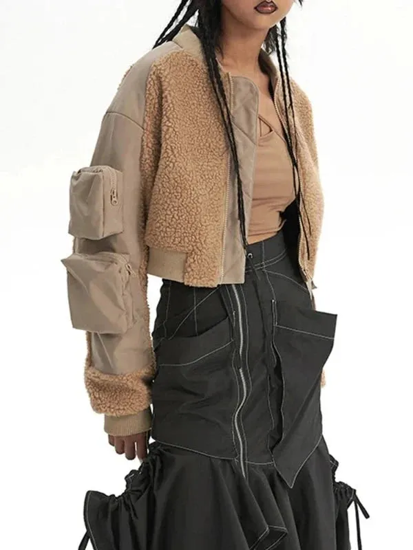 Wenkouban-Winter outfits Christmas Khaki Short Fuzzy Zipper Sleeve Pocket Jacket