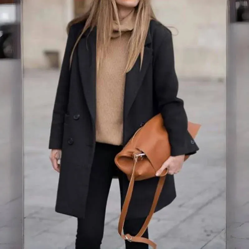Wollmischungen Winter Damenjacke Futter Eleganter Reversmantel Zweireihiger minimalistischer Straßen-Damenjacken