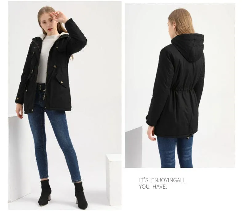 Women Cotton-Padded Hooded Drawstring Cotton-Padded Coat