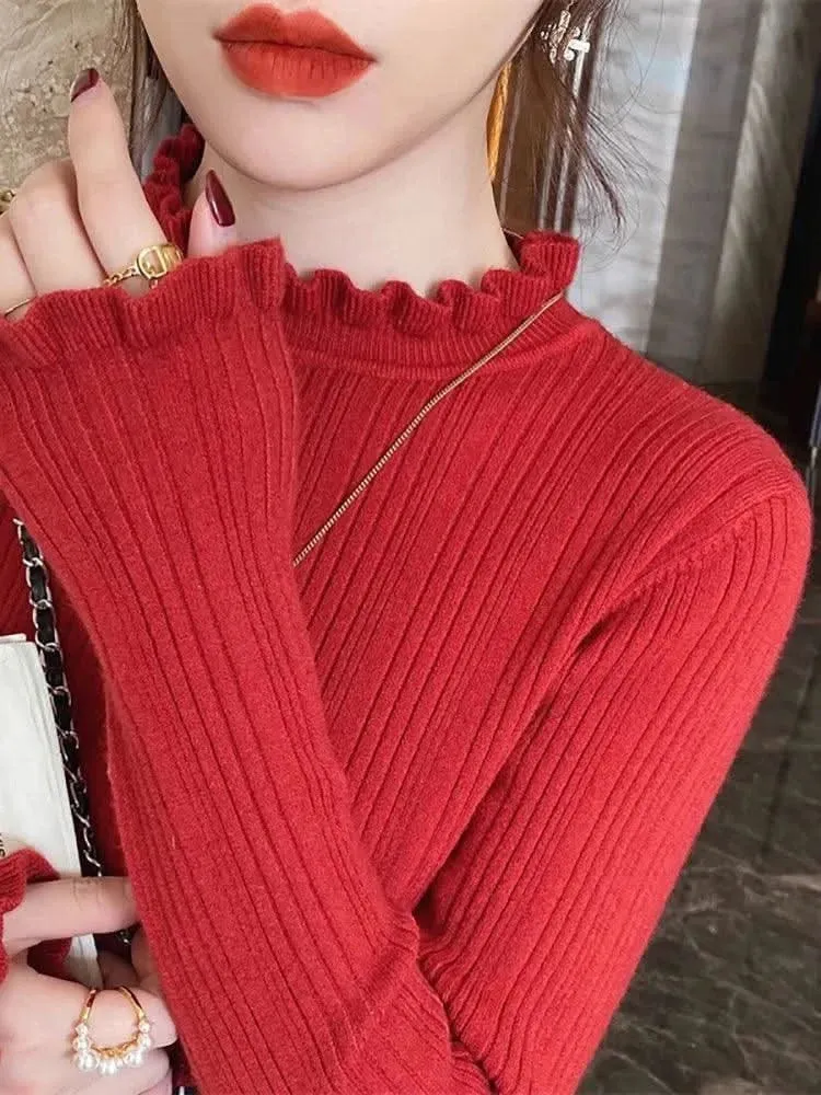 Women’s Long Sleeve Knitted Turtleneck Sweater – 2024 Binding Stretch Fashion Top