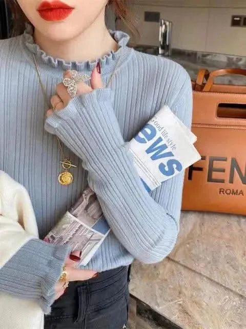 Women’s Long Sleeve Knitted Turtleneck Sweater – 2024 Binding Stretch Fashion Top